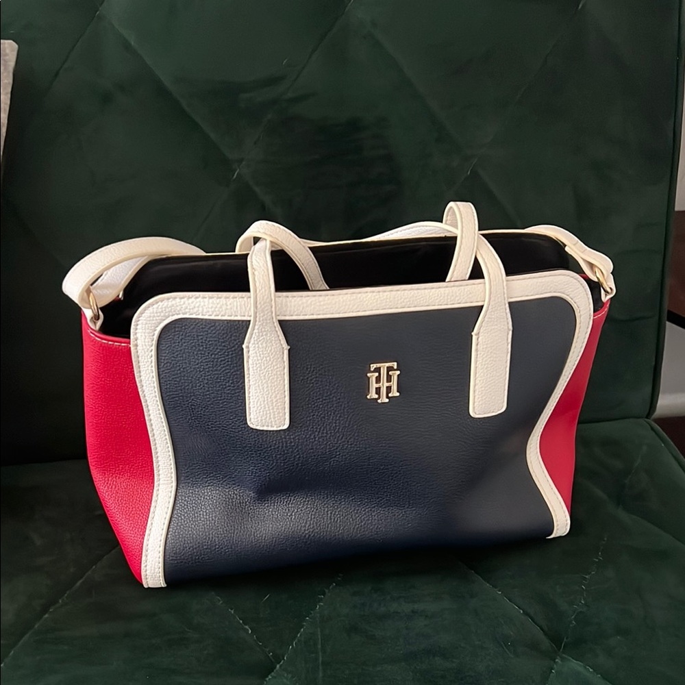 Tommy Hilfiger Red and Blue Tote Bag with Color-Block Design